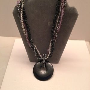 Onyx Pendant Dangling from Strands of Crystal, Hematite, Amethyst and Onyx.